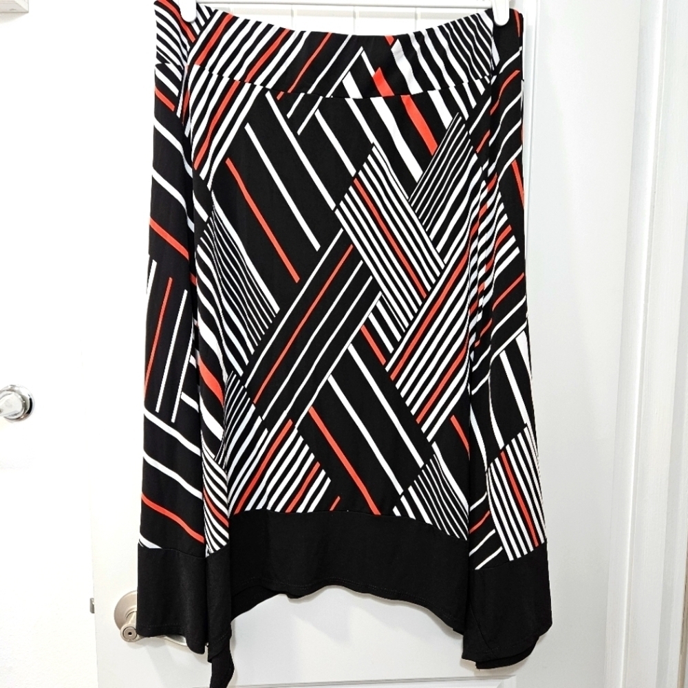 Avenue Black, White & Orange Asymmetrical A-Line Skirt Plus Size 18/20